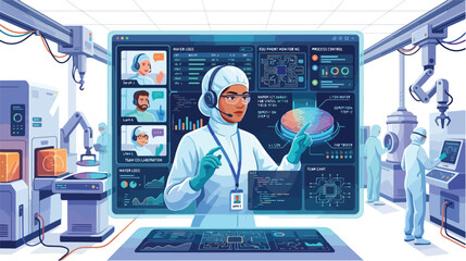 Obraz premium Semiconductor Manufacturing Technician Monitoring Wafer Production with Robotic Automation and Team Collaboration Display