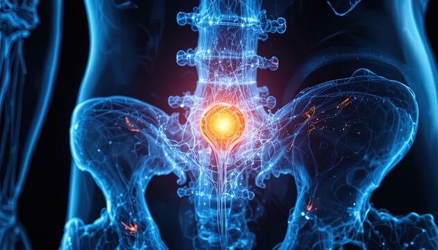 Human Pelvis Anatomy with Nerve Plexus Illustration, Showing Back Pain, Sciatica, and Skeletal Structure in Blue Tones with Orange Highlight
