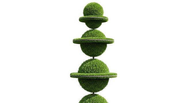 Geometric topiary sculpture with green boxwood spheres, manicured garden hedge art on white background, decorative ornamental shrubbery