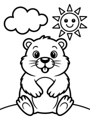 Fototapeta premium Cheerful Groundhog Illustration: A charming groundhog character, playfully sticking out its tongue, sits beneath a smiling sun and fluffy cloud, offering a sense of pure delight and whimsy.