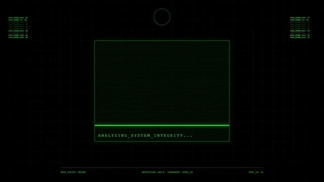 Futuristic System Integrity Scan HUD with Green Digital Grid Interface and Cyber Security Data Check Monitoring Analytics Screen.
