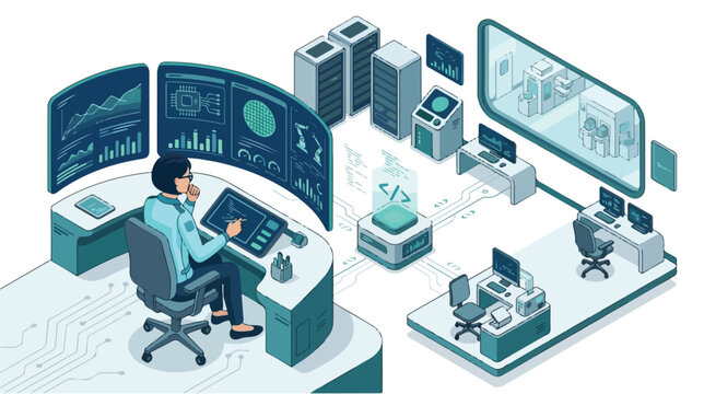 High Tech Control Room with Data Visualization and Factory Automation Systems Monitoring Industrial Processes
