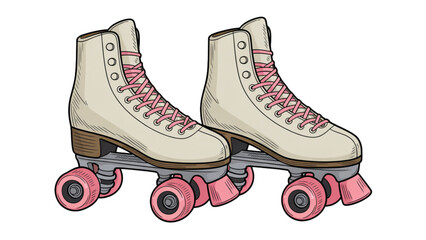 Bright red and white roller skates with pink laces standing upright Vector © Sofiqul