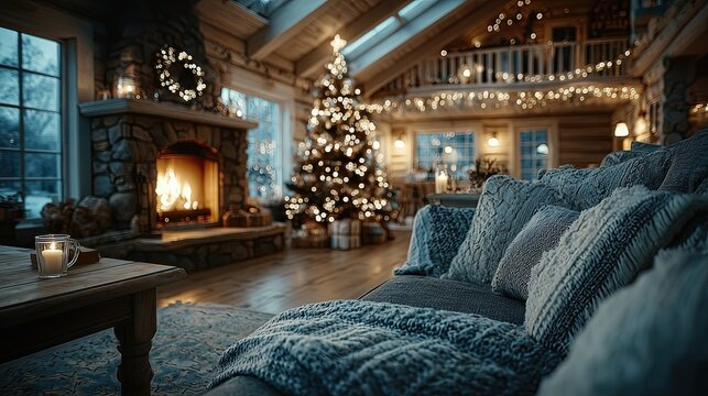 Cozy living room with Christmas tree and fireplace in evening light