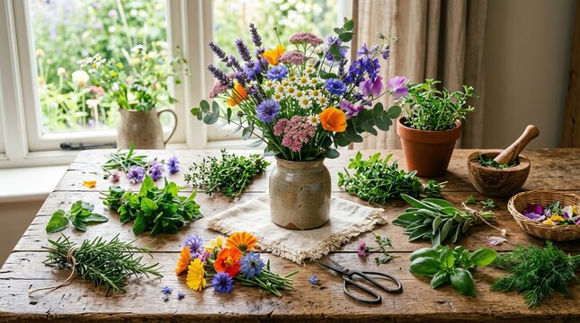 Vibrant bouquet of garden flowers and fresh herbs artfully arranged on a rustic wooden table by a window.