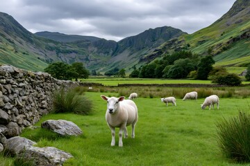 Fototapeta premium Sheep grazing green field in Lake District valley
