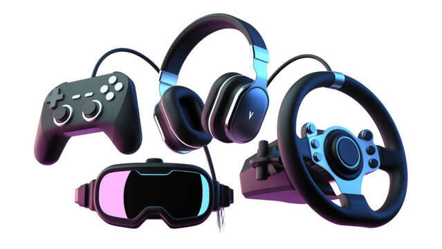 Colorful gaming headset with wireless controller on purple background Vector