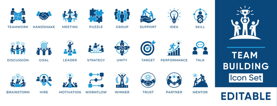 Team building solid icon set. Contains symbols for Brainstorm, Strategy, Workflow, and Mentor. Flat vector design for human resources and corporate collaboration.