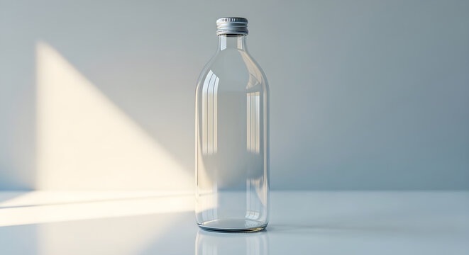 Empty glass bottle featuring a sleek metallic screw cap design stands upright on a clean reflective surface under soft natural lighting to create a minimalist aesthetic suitable for premium beverage p