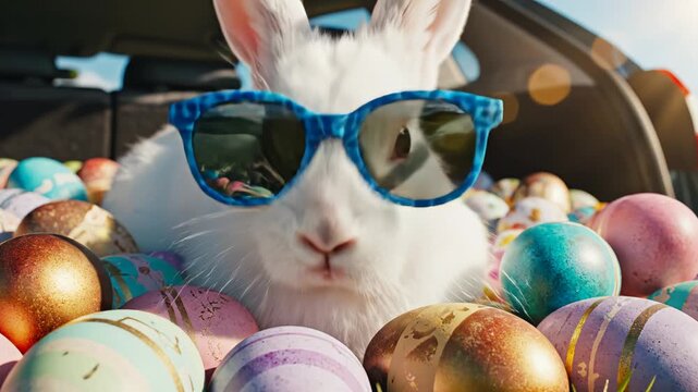 Bunny with sunglasses surrounded by Easter eggs emphasizing human connection and authentic emotions