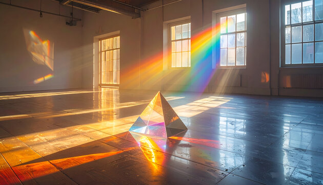 Prism refracts sunlight into a rainbow spectrum in an empty room.
