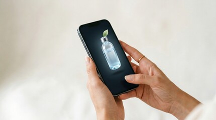 Fototapeta premium Smartphone display shows a digital product mockup of a cosmetic bottle that is being held by a person.