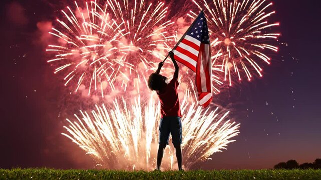 Person holding American flag with fireworks symbolizing conceptual art and dynamic energy
