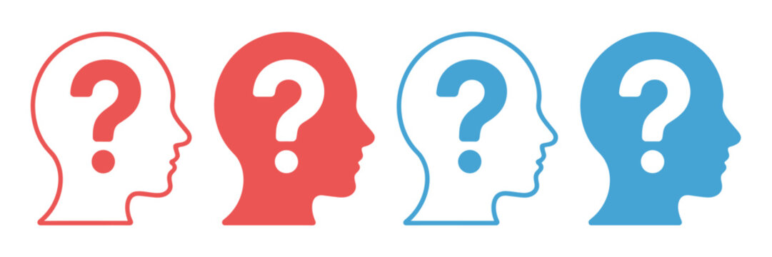 Question head profile icon set with human silhouette and question mark for thinking doubt and problem solving concept design