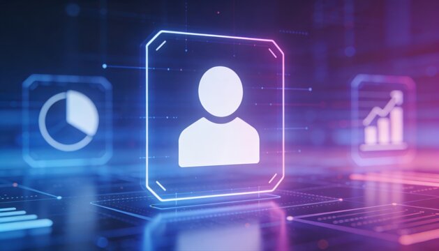 Digital Identity and Data visualization: A futuristic digital interface displays user profiles and data, illuminating the intersection of technology and personal information.