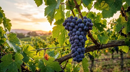 Naklejka premium Ripe purple grapes hang heavy on a vine in a sun-drenched vineyard at sunset.