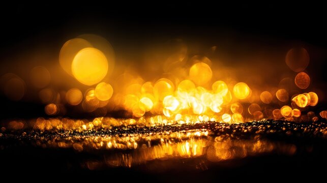 Brilliant amber lights create a sparkling horizontal band against a dark background.