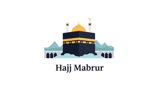 Flat vector illustration of the Kaaba in Makkah with golden dome and minarets, including Hajj Mabrur typography, mosque architecture, and mountain backdrop on a white background.
