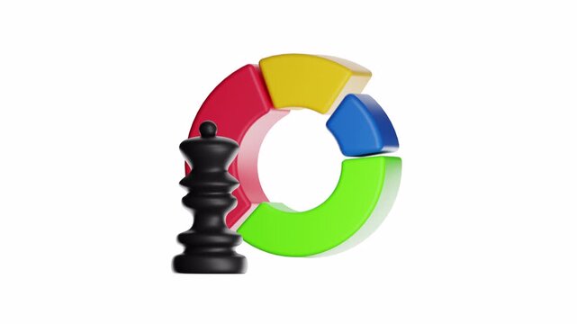 3d looping ui icon strategic business concept with a black queen chess piece and colorful pie chart. Perfect for financial planning or strategic marketing designs.