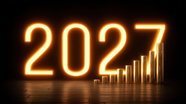 Glowing numerals representing the year two thousand twenty seven stand beside ascending golden columns indicating financial growth.