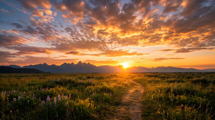 Obraz premium Sunset horizon with radiant sunlight