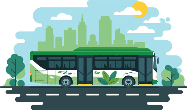 Flat design illustration of an eco friendly green electric bus traveling through a modern city with skyscrapers and trees for sustainable urban public transportation.