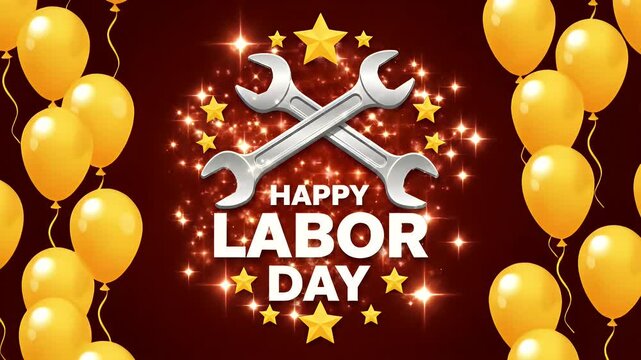 Happy labor day celebration with balloons and tools on red background