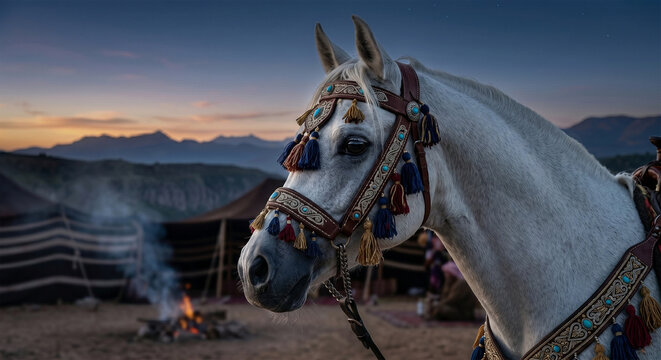 A crisp, high-resolution photo of an Arabian horse standing in a rare desert rainstorm. Individual raindrops are captured as they bead off its sleek neck and arched back. 