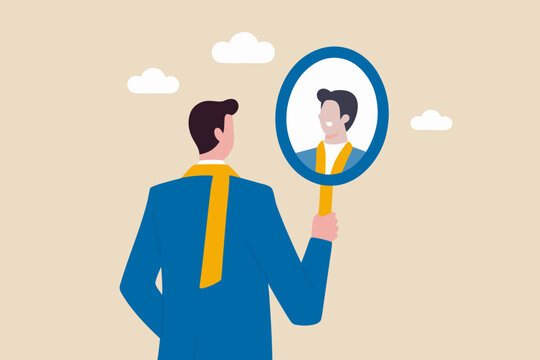 man looking in handheld mirror self reflection illustration in flat style
