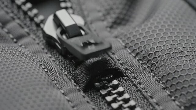 Extreme Macro Shot of Metal Zipper Closing on Textured Fabric