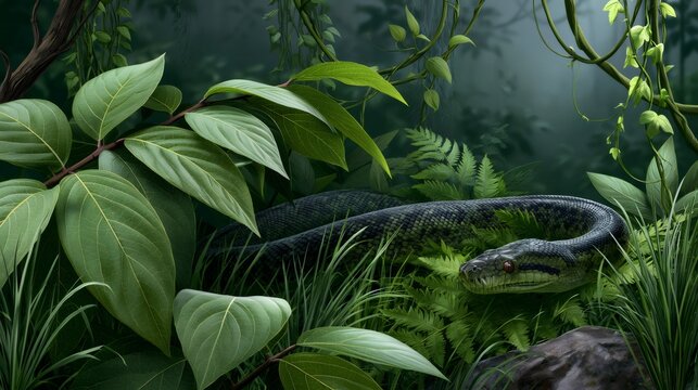 Python snake resting camouflaged in lush jungle foliage