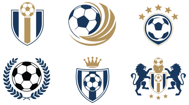 Soccer trophy and shield emblems with laurel wreath crown star ribbon lion crest football club identity design vector illustration set