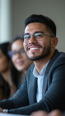 Obraz premium Smiling Latino businessman. Behind him, his colleagues, blurred, look in the same direction. His radiant expression conveys friendship.