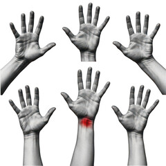 Obraz premium Five human hands with red pain point on wrist isolated on a transparent background