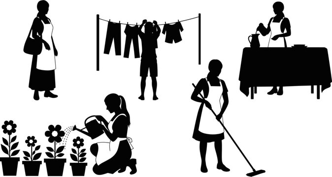 Woman, silhouettes, chores, household, housework, laundry, cleaning, watering, plants, gardening, domestic, worker, housekeeper, homemaker, maid, apron, vector, illustration, lifestyle, tasks.
