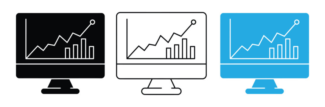 Three computer monitors displaying graphs and charts in black, White, And blue colors for business and finance concepts