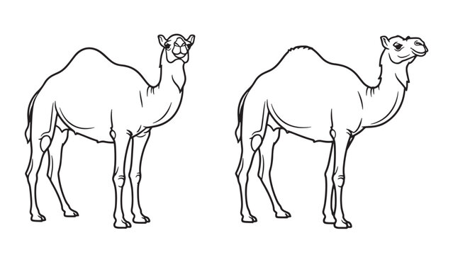 Detailed black and white line art illustration featuring two dromedary camels, majestic desert animals standing gracefully, perfect for coloring books or educational wildlife projects.