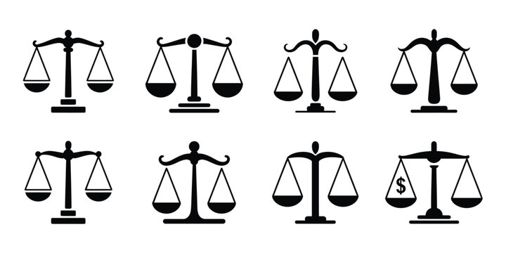 Scales of justice silhouette icon set featuring black balance symbols for law court judiciary and legal fairness concept design