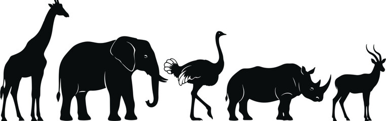 African wildlife silhouette collection featuring giraffe, elephant, ostrich, rhino, and antelope, perfect for safari theme, nature, and animal conservation designs.  © Ahsan
