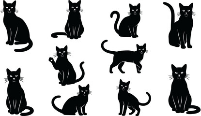 Silhouette of black cats in various poses, sitting, standing, and walking, kitten vector illustration, animal icon set, pet feline collection.  © Ahsan