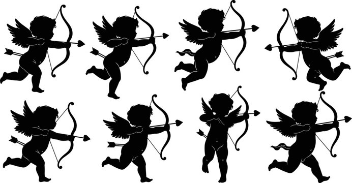 Silhouette of cupid shooting bow and arrow, romantic valentine's day decoration, black cherub angel vector illustration, love and romance symbols.
