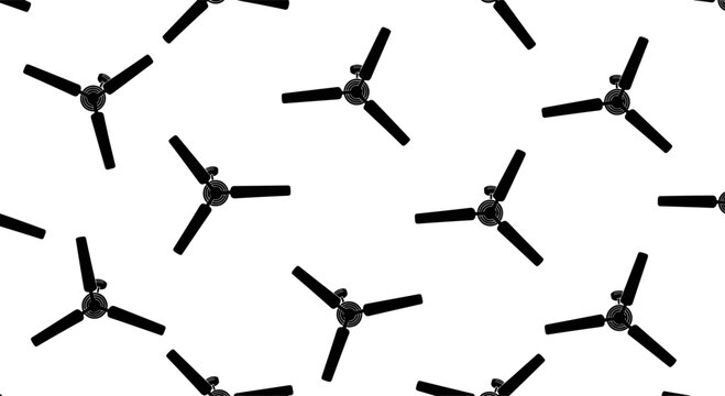 Black ceiling fan seamless pattern, three blades, white background, minimalist interior cooling ventilation, vector illustration, graphic design, modern home decor.
