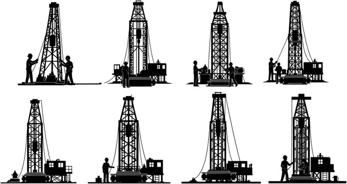 Silhouette of oil drilling rig derricks and industrial workers, fuel energy production platform, petroleum gas extraction equipment, black vector illustration.
