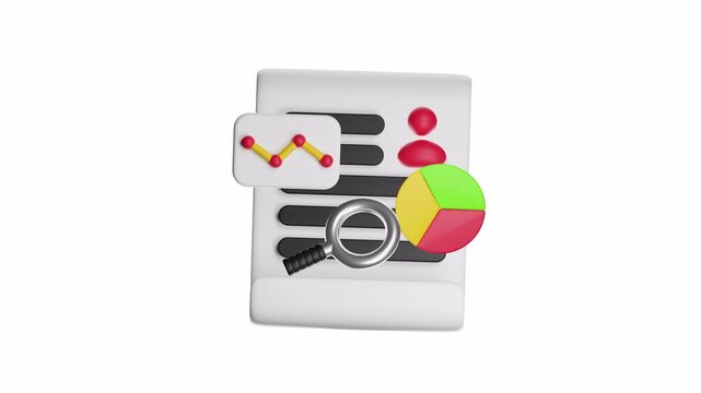 3d looping ui icon resume under scrutiny with a magnifying glass and data charts ideal for career coaching, job search, recruitment materials.