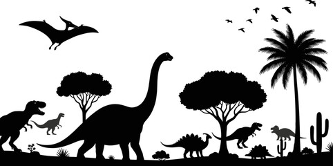 Black, dinosaur, silhouette, landscape, featuring, Tyrannosaurus, Rex, Brachiosaurus, Stegosaurus, Pterodactyl, trees, and, prehistoric, nature, scenery, isolated, on, white, background, vector. © Ahsan
