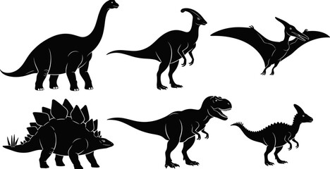 Black, dinosaur, silhouette, collection, featuring, Tyrannosaurus, Rex, Stegosaurus, Brachiosaurus, and, Pterodactyl, isolated, on, white, background, vector, set, for, prehistoric, designs. © Ahsan