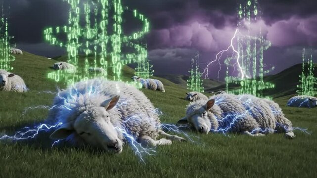 Sheep electrocuted by digital data rain in stormy, futuristic landscape
