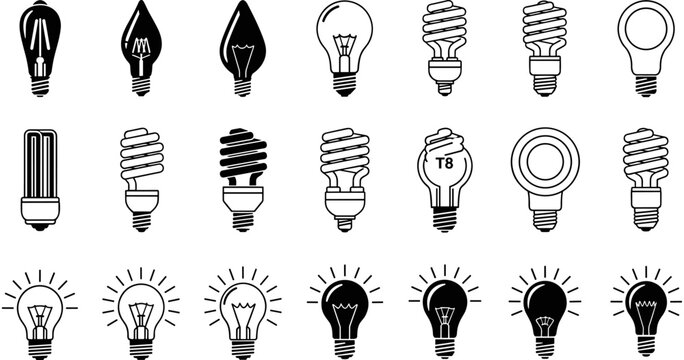 Black, and, white, collection, of, various, light, bulb, icons, including, incandescent, halogen, fluorescent, and, LED, lamps, isolated, on, white, background.