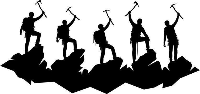 Black, silhouette, collection, of, mountain, climbers, standing, on, rocks, with, ice, axes, celebrating, success, isolated, on, white, background, vector, set.