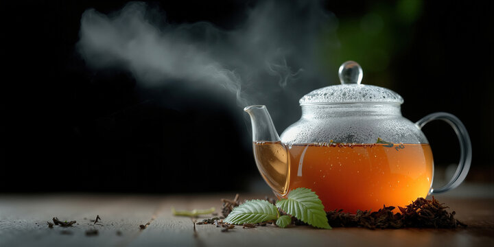 Warm tea ritual. Organic display of brewing tea with gentle reflections and condensation